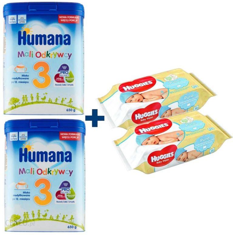 Humana 3 Mali Odkrywcy Mleko Modyfikowane Po 12 Miesiącu + Huggies  Chusteczki Nawilżane Pure Zestaw 2X650G 56Szt. –